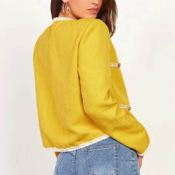Tweed Raw Trim hem Button Front Jacket work office chic Yellow - Picture 3 of 5